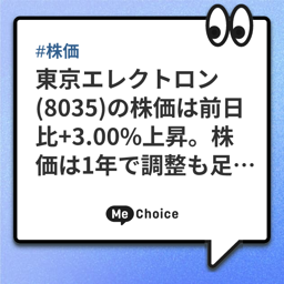 東京エレクトロン(8035)の株価は前日比+3.00%上昇。株価は1年で調整も足元反発トレンドで予想PERは20.0倍、予想配当利回りは2.5%
