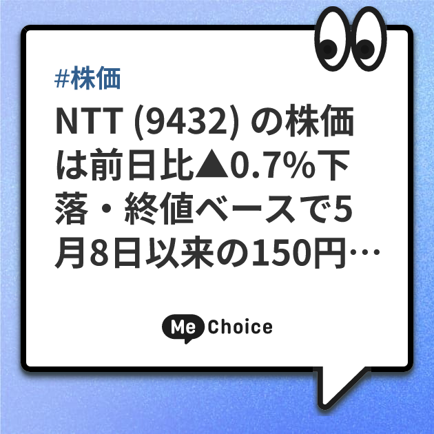 NTT (9432) の株価は前日比▲0.7%下落・終値ベースで5月8日以来の150円割れ、予想PER11.9倍、配当利回り3.5%