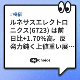 ルネサスエレクトロニクス(6723) は前日比+1.70%高。反発力鈍く上値重い展開、日経平均4万円回復の好地合いに乗り切れず